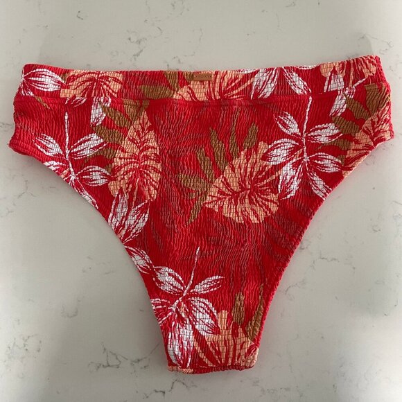 Roxy Tropical Palm Print Hi Waist Smocked Bikini Bottoms Red Wht Sz Au L US S-M - Picture 4 of 11